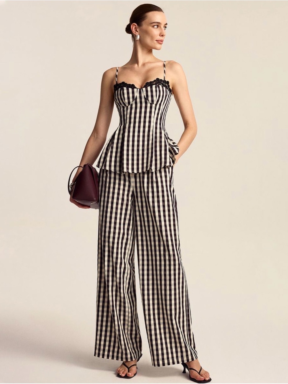 Commense Gingham Corset Top & Wide Leg Pants Set - Black and Cream